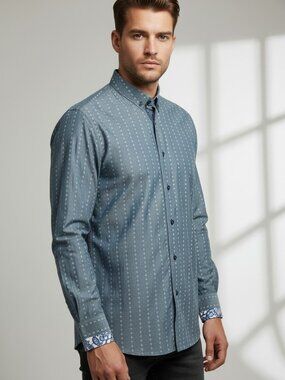 COOGI Classic Mens Gray Long Sleeve Button Down Cotton Dress Shirt Flip Cuff L